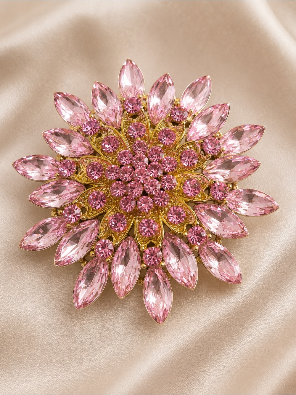 Large Pink Crystal Flower Brooch Pin - Gold Setting